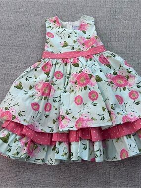 Serendipity Floral Tiered Sundress in Mint & Pink w Matching Headband Size 4